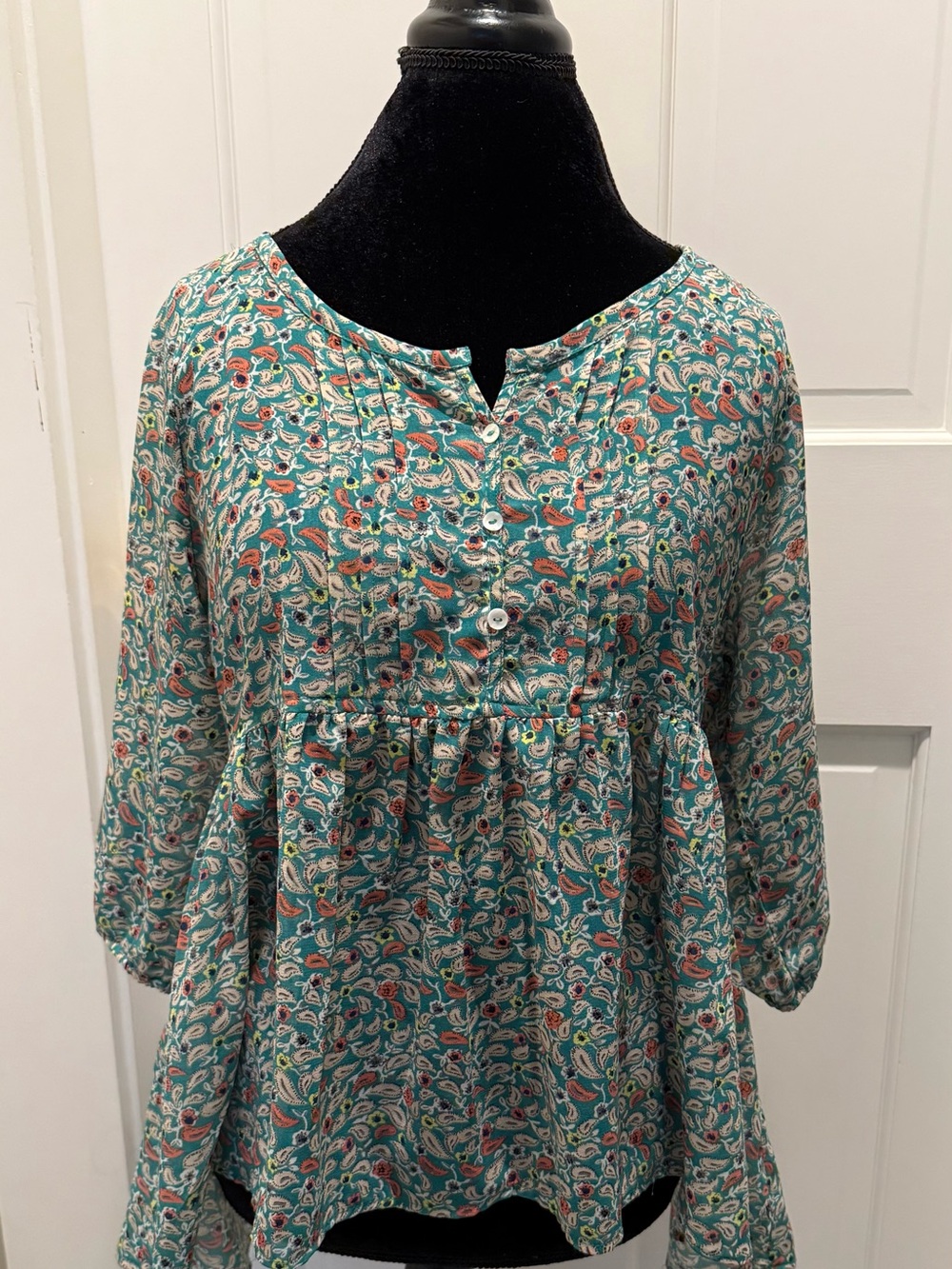 Women’s Teal Floral Button-Front Peasant Top